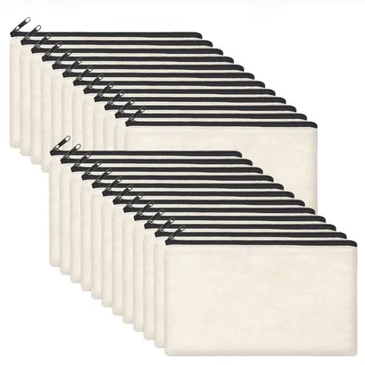 24pcs DIY Craft Canvas Zipper Bag Blank Makeup Bag, Student Blank Canvas Pen Bag Stationery Storage Bag Cotton Zipper Makeup Bag