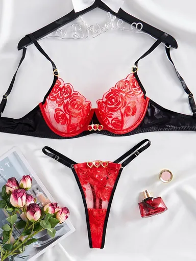 House Of Dasein Female Embroidered Sexy Underwear Set Red & Black Valentine's Day Collection - Black And Red - S