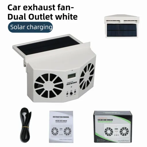 White Solar Rechargable Dual Outlet Car Window Ventilation and Exhaust Fan - 4500 RPM Air Circulation and Foldable Space Saving, Remove Heat Odors Smoke and Stale Air for Most Vehicles without Anti-Pinch Feature