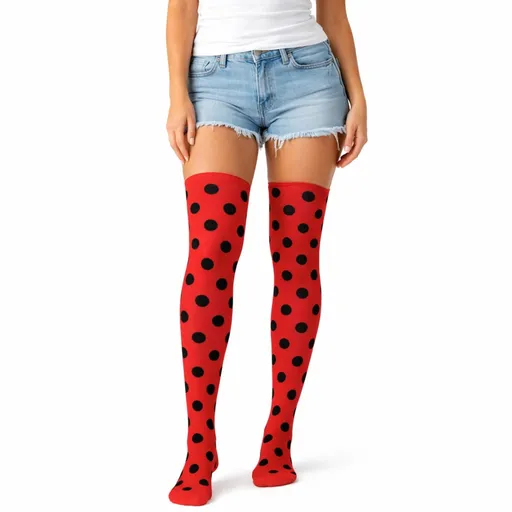 Over Knee Stay Up Stockings Hosiery Party Costume Socks - Ladybug Polka