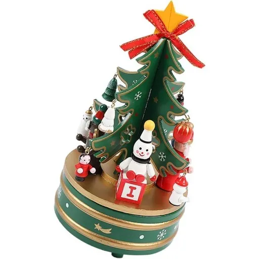 Christmas Music Box Wooden Tabletop Ornaments Xmas Tree Figurine Wooden Tabletop Adornment for Xmas Holiday