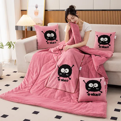 2-in-1 Foldable Car Pillow Blanket Cozy 40x40cm Pillow Unfolds to 100x150cm Blanket Pink
