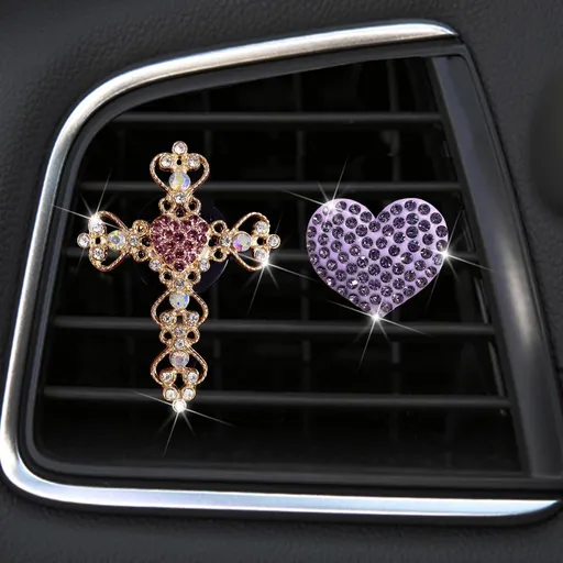 2 Pack Accessories, Crystal Cross & Heart Car Vent Clip Air Freshener, Diamond Car Decoration Essentials for Women (Purple)