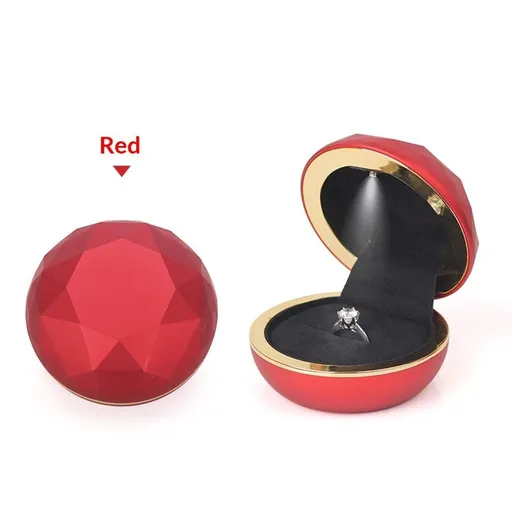 Ring Box with Light, Luxury Round Wedding Ring Case Jewelry Gift Box with LED Light for Proposal Engagement Wedding-Red（does not include a ring）