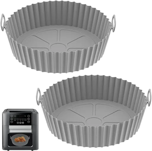 2 Pack Round Silicone Air Fryer Liners, Non-Stick Reusable Baking Baskets for Air Fryers, Ovens and Microwaves, 20 cm, Grey