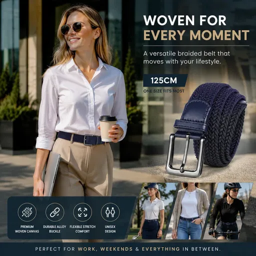 Navy Blue 125cm Canvas Waist Belt Elastic Woven Stretch Fashion Golf Strap