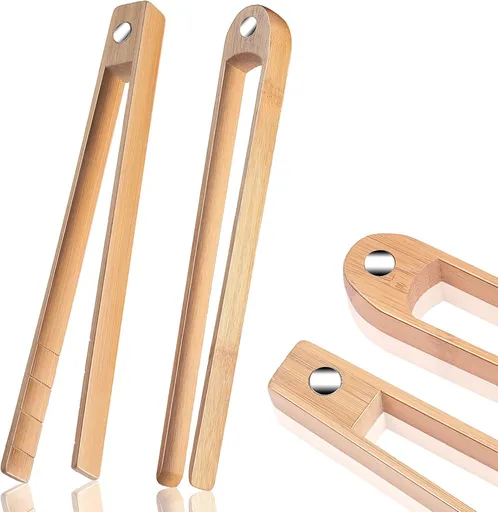 2 Pieces 8.7 Inch Wooden Toaster Tongs with Magnet Magnetic Bamboo Wood Toast Natural Bamboo Kitchen Utensil Accessories for Cooking Bagel Cake Muffin Bread