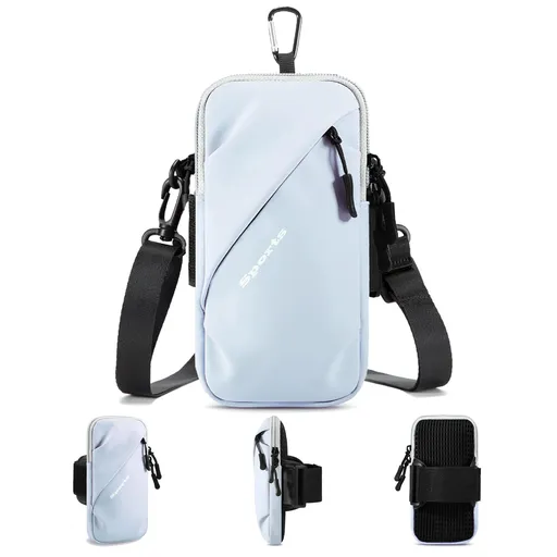 Universal Running Phone Arm Band – Waterproof, Dual Pocket, Adjustable Strap, Breathable Mesh, Fits Phones Up to 6.7 Inches, Crossbody & Waist Clip (Light Blue)