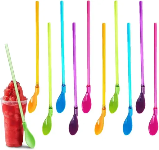 30PCS Plastic Straw with Spoon, 9.3-inch Reusable Hard Straw, Mixing Spoon for Coffee Smoothies, Milkshakes, ice Cream, Frozen Drinks, Cocktails