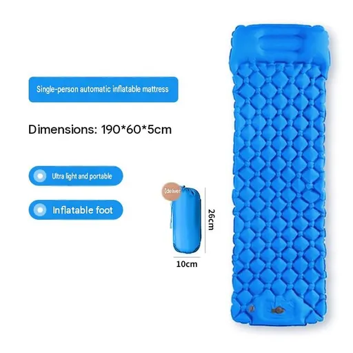 Blue Single Outdoor Foot Pump Inflatable Sleeping Pad （190 x 60 x 5 cm ）- 40D Nylon Camping Air Mattress with Built-in Pillow and Double Valve - Portable Moisture Proof Mat for Hiking Backpacking