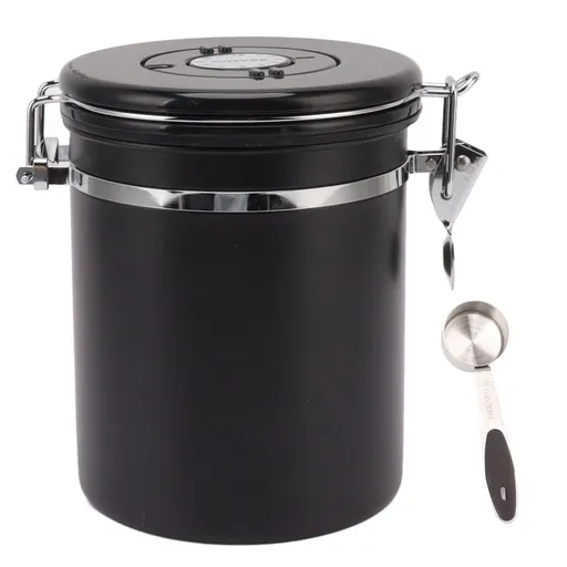 Coffee Bean Storage Container 304 Stainless Steel Exhaust Valve Coffee Bean Sealed Tank with Date Tracker and Scoop 1.2L (12x12cm / 4.7x4.7in)