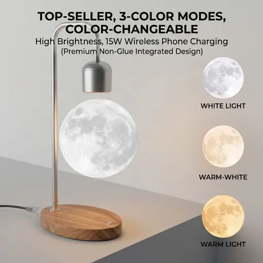 Levitating Moon Lamp with 15W Wireless Charger – 3D Printed Lunar Sphere, Real Wood Base, 3 Ambient Light Modes + 7 RGB Colors, Smart Desk Lamp for Home Office Decor and Gift Giving (Top‑Seller,3‑Color,Color‑Changeable,High Bright,15W Wireless Chargi