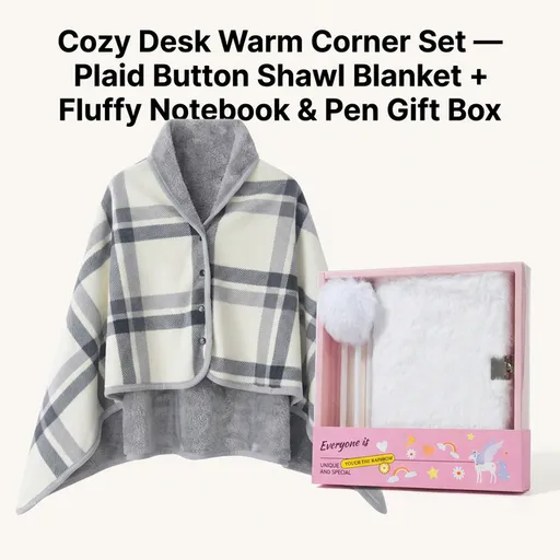 Warm Cozy Study and Office Corner Set with Wearable Dual Layer Fleece Shawl Blanket and Fluffy Plush A5 Lock Diary & Pen Gift Box - Plaid Thermal Nap Wrap and White Cute Stationery Kit for Workers and Students