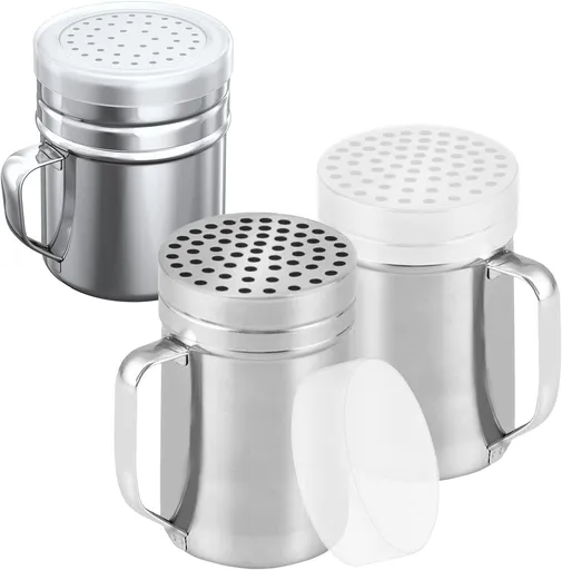 [2-pcs] 14oz Metal Parmesan Cheese Shakers (Large Holes) + [1-pcs] 10oz Stainless Steel Salt & Pepper Dredge Shaker (Medium Holes) - with Plastic Caps and Handles Bundle