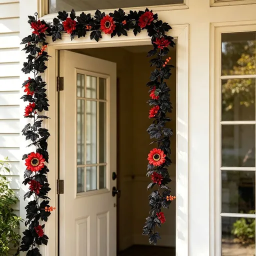 Artificial Maple Leaf Pumpkin Garland for Halloween Fall Decor - 6ft Hanging Sunflower Berry Rattan Wreath for Front Door Fireplace Mantel Stair Railing Indoor Outdoor Party Thanksgiving Decoration