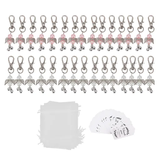 30 Sets Angel Keychain Pink White Angel Bell Pearl Keychain Baby Shower Party Decoration Gift Bag Tag Key Pendant Favors
