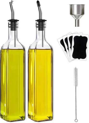 2 Pack Glass Olive Oil and Vinegar Dispenser Bottles with Stainless Steel Pourers, Labels, Brush and Funnel for Kitchen Use, Clear, 500 ml