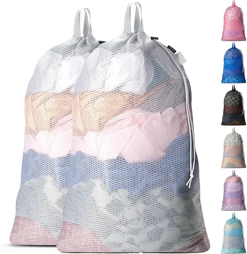 Extra Large Mesh Laundry Bags 2-Pack – Heavy Duty, Machine Washable Laundry Bag with Handles & Shoulder Strap, Odor Resistant, for College Dorm, Travel, Bedding & Clothes Storage, White