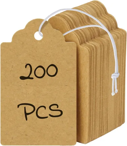 200 Pcs Kraft Price Tags with Elastic String Attached Writable Brown Kraft Paper Tag Hang Tags for Pricing Clothing Jewelry Price Display Labels Blank Merchandise Marking Tag, 1.8" x 1"