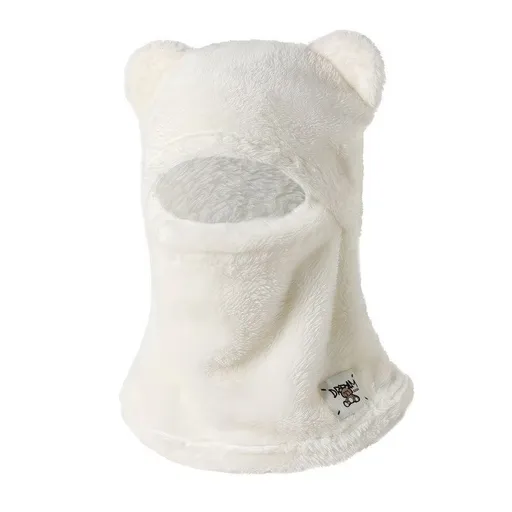 Cute Bear Ear Plush Integrated Balaclava Hat, 4-in-1 Windproof Warm Neck and Face Cover Hat - White