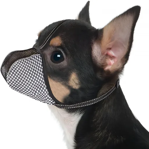 Black Soft Air Mesh Dog Muzzle for Extra Small Dogs, Adjustable Reflective Full Coverage Mouth Guard for Grooming Scavenging, Size XS