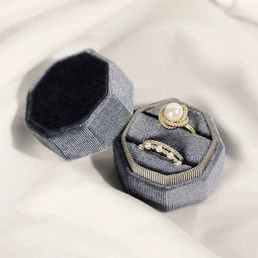 Velvet Ring Box - 3pcs - 2 Slot Exquisite Wedding Ring Bearer Box - Gorgeous Hexagon Wedding Ring Box with Detachable Lid