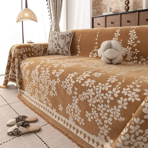 Vintage Jacquard Chenille One-Piece Sofa Cover Throw with Tassel Edging - Reversible Furniture Protector Decorative Blanket for All-Season Use, 180 X 420CM Brown & Ivory Floral