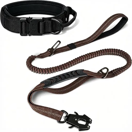 Tactical Dog Collar(17"-21") and Leash Set, Shock Absorbing Bungee Adjustable Strong Collar with Handle for Large Dogs(Brown/Black, L) -