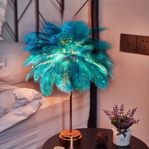 Feather Table Lamp Battery Operated LED Night Light with USB Port Soft Feathers for Bedroom Living Room Wedding Party Decor 15.7 Inch