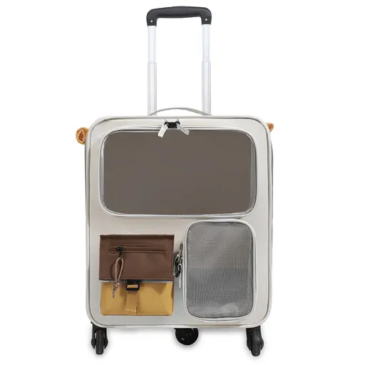Brown and Grey Large Space Pet Carrier Trolley – Foldable Cat Carrier Backpack with Breathable Side Mesh & View Window, Silent Rolling Wheels, Storage Pocket and Removable Bottom Pad for Dog and Cat, 42 x 36 x 27CM