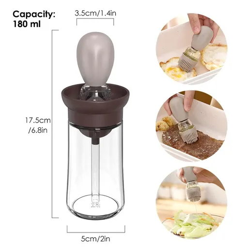 6.09oz Glass Oil Bottle with Brush for Cooking, Ideal for Frying, Baking, And Grilling - Convenient Non-Drip Feature, Easy to Clean Coffee-colored two-piece set [oil brush + bottle]