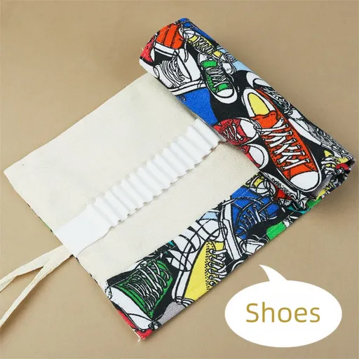 108-Slot Print Canvas Pencil Roll (Shoes)- Large Capacity Roll-Up Pencil Case with Individual Holders and Tie Closure for Coloured Pencils, Drawing and Sketching