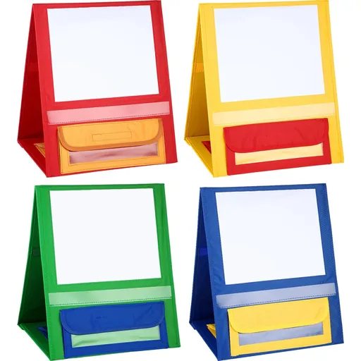 4 Pcs Magnetic Desktop Pocket Chart Stand with Pen Case Foldable Double Sided Small Tabletop Pocket Chart 15 x 12.6 in