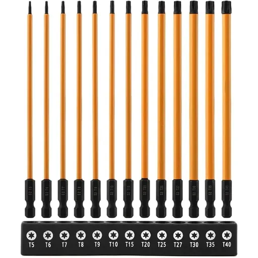 13-Piece Long Torx Bit Set, 6" T6-T40 Magnetic S-2 Steel 1/4" Hex Shank Security Tamper Proof Star Bit Set with Holder