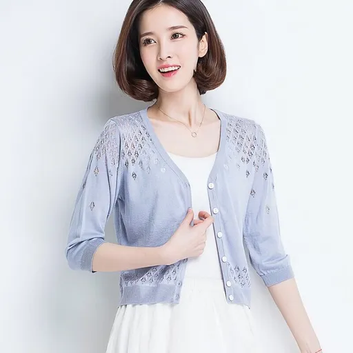 Muse Women V Neck Cardigan Thin Ice Silk Gray Blue Size: S; Height (cm): 155-160; Weight (kg): 45-50; Bust (cm): 82-86; Waist (cm): 66-70; Shoulder width (cm): 37; Length (cm): 58