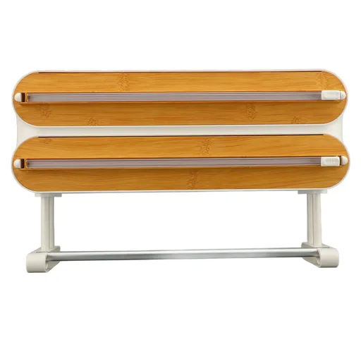 Plastic Wrap Dispenser Innovative Wooden Grain Adjustable Wall 3 In 1 Wrap Organizer with Cutter for ALuminum Foil Wax Paper Cling Wrap