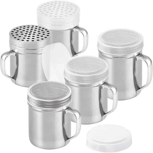 [10oz, 10oz, 14oz] Powdered Sugar Shakers + [2-pcs] 10 oz Metal Parmesan Cheese Shakers (Large Holes) - All with Plastic Caps and Handles Bundle