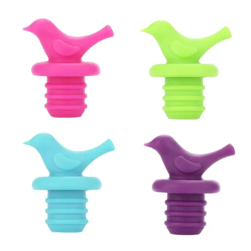 Little Bird Silicone Wine Bottle Stopper Kit, Silicone Bottle Cork Set of 4, Assorted Color Green Blue Pink and Purple