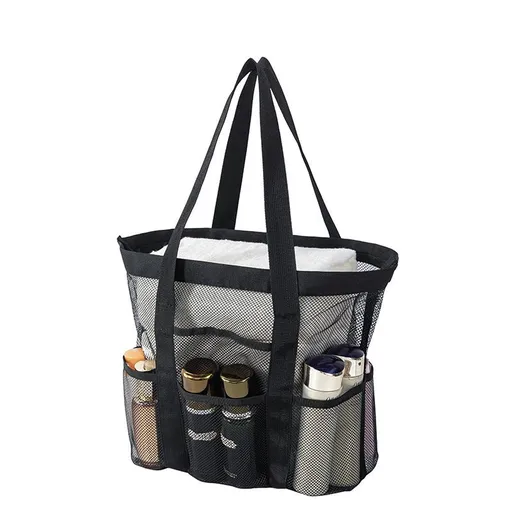 Black small size Large Capacity Mesh Beach Tote Bag - Breathable PET with Multi-Pocket Storage, Quick-Dry Design for Travel, Gym, and Poolside Use