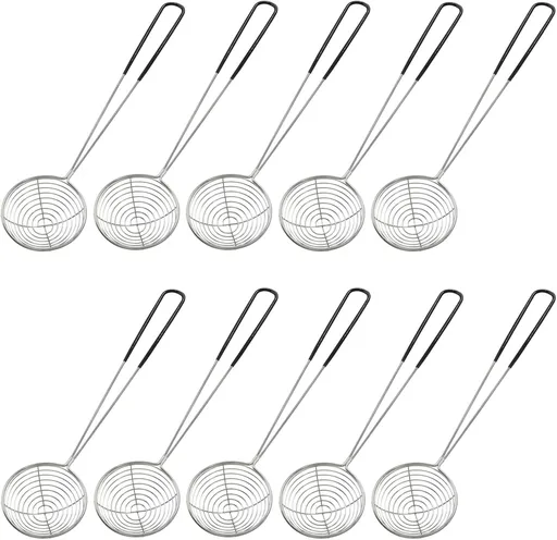 10 Pack Stainless Steel Spider Strainer Spoon, 2.5 Inch Mini Wire Skimmer Colander Small Ladle, Hot Pot Strainer Scoops for Home/Tortellini and Meatball(Black)