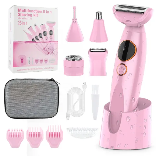 Pink 5-in-1 Women's Hair Removal Epilator – Multi-Function Body Grooming Kit with Waterproof Design, LED Display & USB Charging