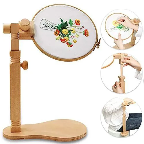 Embroidery Stand – Rotating Cross Stitch Holder, Natural Beech Wood Frame with 15cm & 20cm Hoops, for Arts, Crafts & Needlework Projects - Wood - Size Embroidery Stand