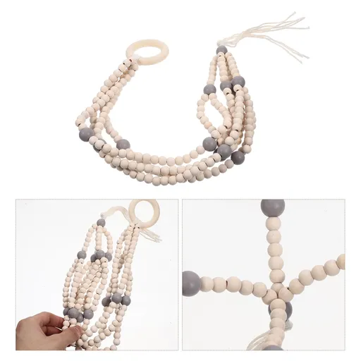 Indoor Wooden Beads Plant Hanger Grey 1Pcs 16.5x2.2x1.2in
