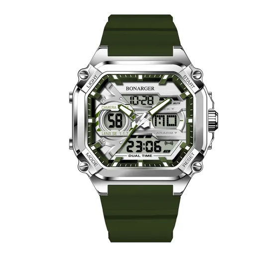 Men's Dual Display Watch Digital Analog 43mm Green Silicone Strap Waterproof