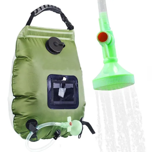 20L / 5 Gallon Solar Heated Camping Shower Bag (Dark Green / Mesh Storage Pocket) - Foldable Outdoor Hanging Shower with Thermometer, Rotating Shower Head and Hose Clip for Hiking and Travel