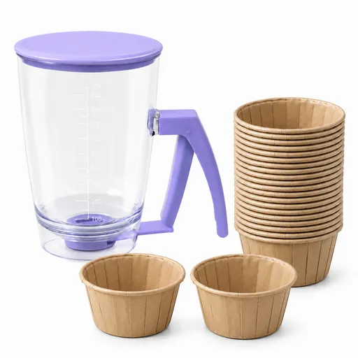 Handheld Batter Dispenser - 900ml with 50 Brown Cupcake Liners for Baking, Cake Making and Dessert Preparation