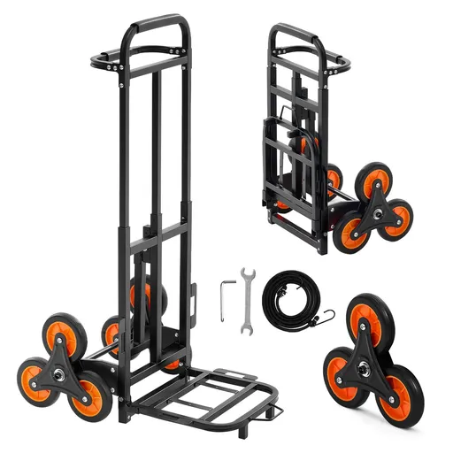 Stair Climbing Cart, 100 kg Stair-Climbing Capacity, Heavy-Duty Folding Trolley Cart with Telescoping Handle, 6 Wheels and 2 Bungee Cords, Stair Climber Dolly for Home, Groceries, Warehouse