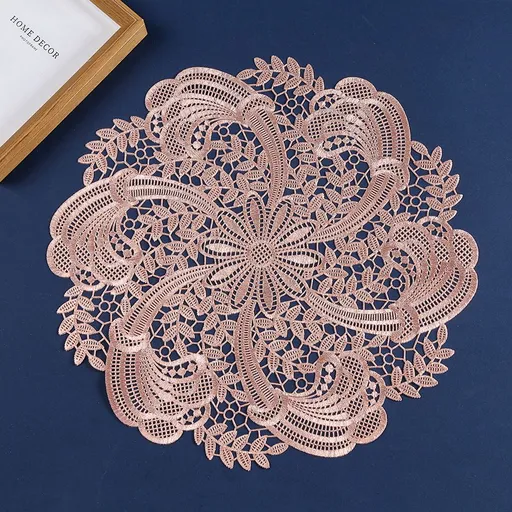 Embroidered Heat Insulation Placemat 6-Pack - Hollow Round PVC Table Mat with Lace Design - Anti-Slip Oil Proof Dining Mat for Kitchen Restaurant - Rose Gold 39cm