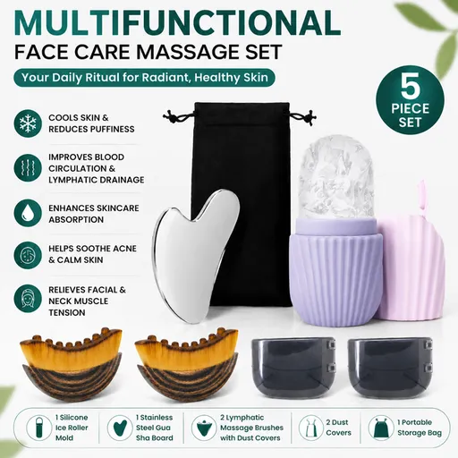 Multifunctional Skincare & Massage Kit with 80ml Purple Silicone Facial Ice Roller, Stainless Steel Heart-Shaped Gua Sha Board, 2 Pack Lymphatic Drainage Massage Brushes for Skin Cooling and Absorption Enhancing, Blood Circulation and Puffiness Reduc