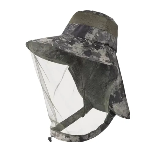 Camouflage Green Adjustable Anti-Mosquito Sun Fishing Hat - Breathable Full Face Mesh Veil & Outdoor Sun Protection Hat with Windproof Drawstring